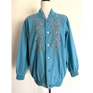 Vintage 80s Embroidered Denim Chambray Jacket Beaded Rhinestones Oversized S/M